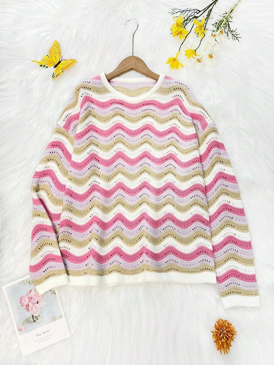 SHEIN Women's Casual Loose Fit Color Block Crew Neck Long Sleeve Knit Pullover Sweater, Spring/Autumn - Pink - View 1