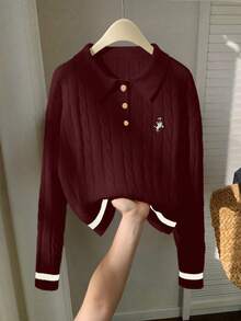 Franclia Contrast Trim Simple Long Sleeve Embroidered Horse Head Polo Collar Knit Sweater