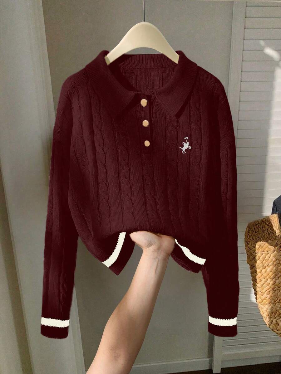 Franclia Contrast Trim Simple Long Sleeve Embroidered Horse Head Polo Collar Knit Sweater