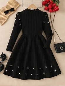 Elladie kids Đầm chữ A thanh lịch, ngọt ngào, cổ cao, tay phồng, đính ngọc trai ở eo, thích hợp cho bé gái tuổi teen, dự tiệc Giáng sinh, Halloween, mặc hàng ngày, mùa xuân/thu/đông. - màu đen - Xem 3