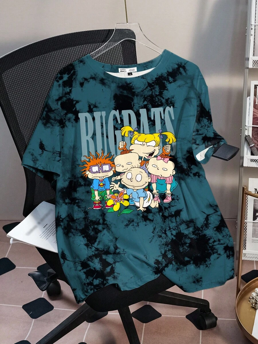 Nick 90s | SHEIN Plus Size Summer Casual Tie-Dye Cartoon Portrait Pattern Short Sleeve T-Shirt Suitable For Going Out - White - View 1