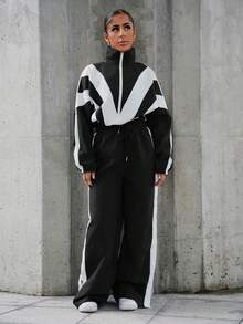 SAYEHFBABY Women Color Block Drop Shoulder Zip Up Jacket And Pants 2 Pieces Casual Sportswear Set - Black - View 1