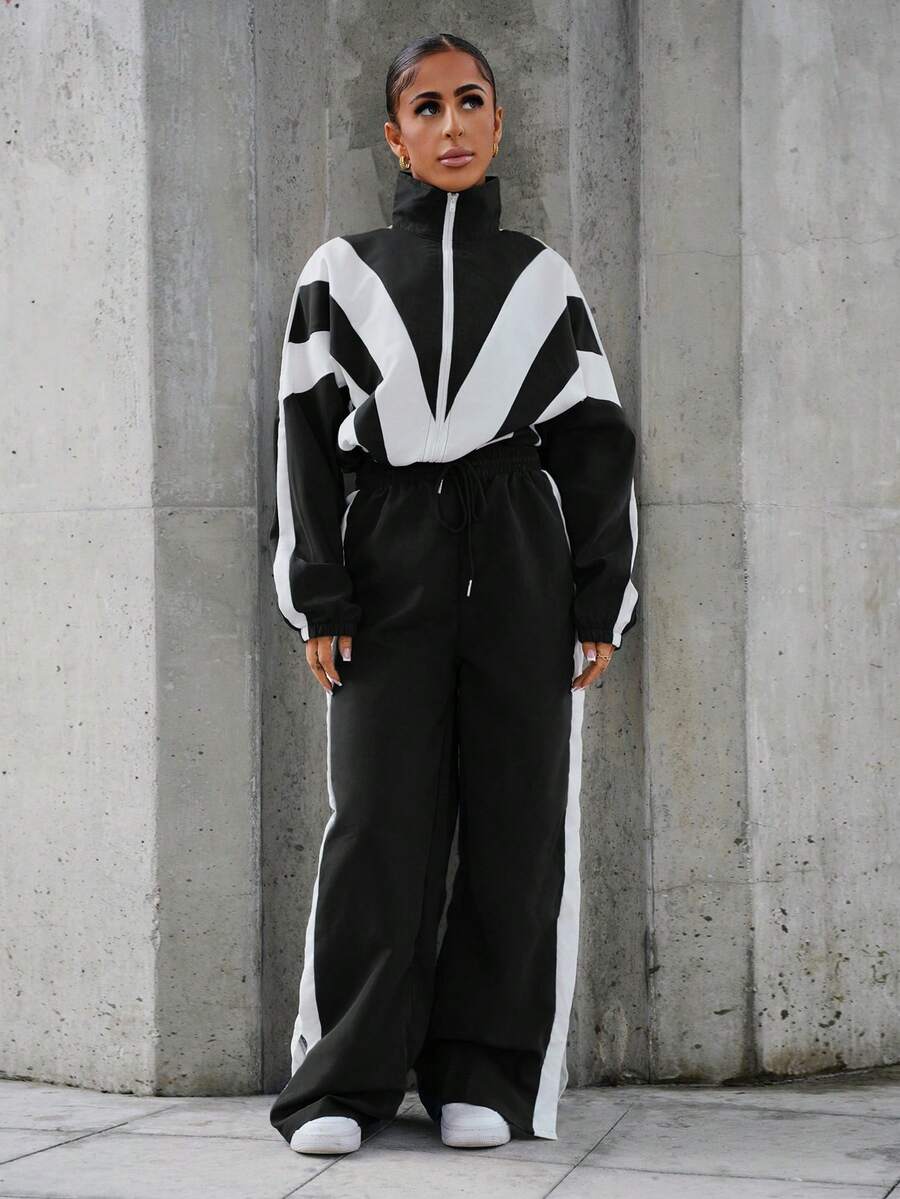 SAYEHFBABY Women Color Block Drop Shoulder Zip Up Jacket And Pants 2 Pieces Casual Sportswear Set - Black - View 1