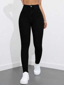 SHEIN ICON 大码女式街头休闲弹力舒适深蓝色牛仔修身裤 - 黑色 - 查看 3