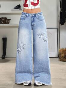 Jeanoix Y2K Low-Waist Fashion Star Embroidery Washed Wide-Leg Jeans - Blue - View 1