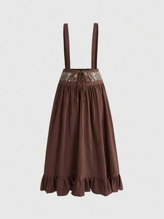 Fairycore Falda con tirantes bordados estilo cottage core para tallas grandes