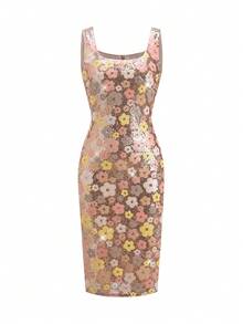 Ellevyn Women's Elegent Beige Summer Party Floral Sequin Dress,Rose Gold French-Style Halter Fitted Waist Evening Gown,Embroidered Banquet Formal Wear Outfit - Gold - View 12