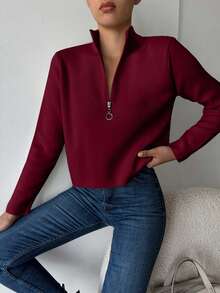 SHEIN Tall Áo len trơn màu cơ bản cỡ lớn có khóa kéo nửa - Màu Đỏ Sâu - Xem 6
