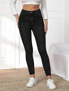 EURMUSE Cotton Zipper Fly Cropped Skinny Jeans - Black - View 3
