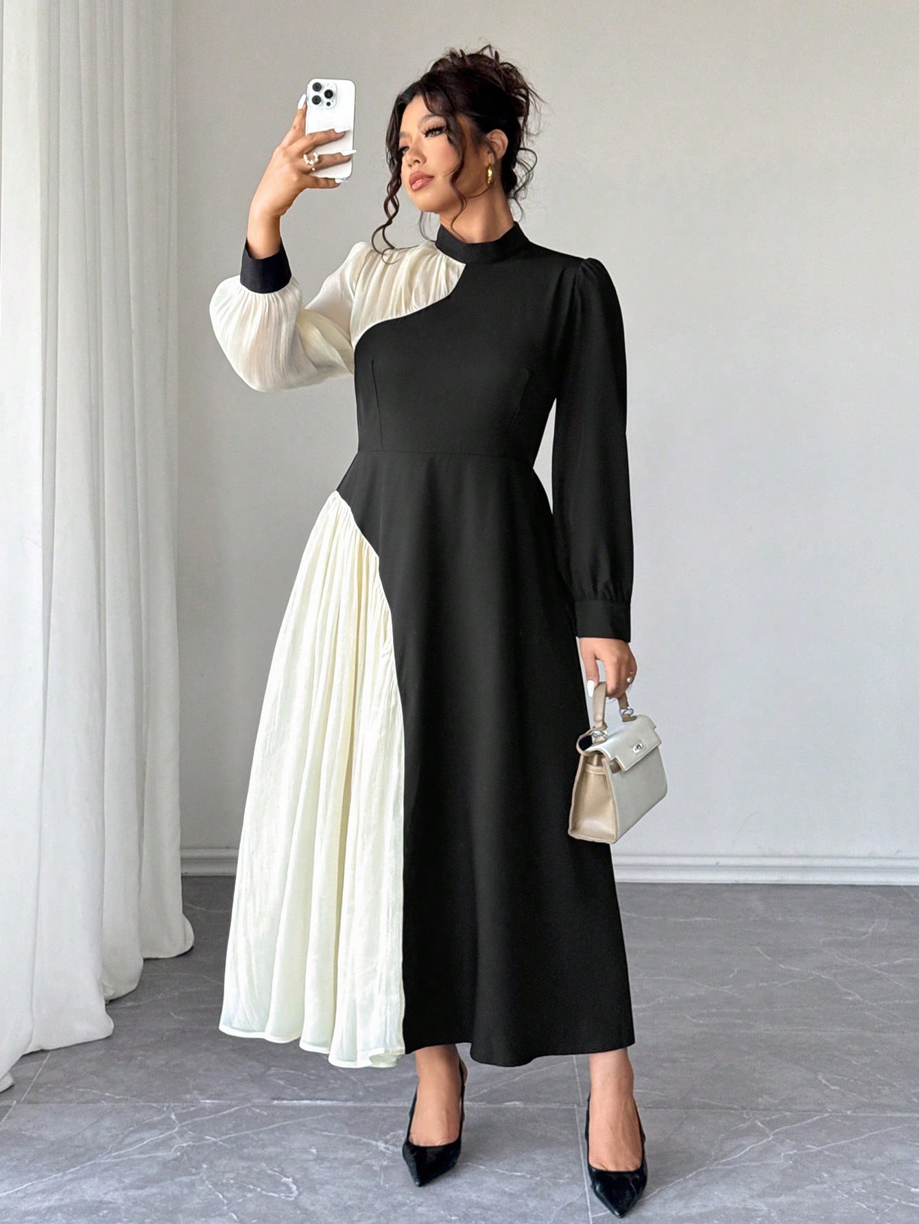 SHEIN Elenzya فستان أنيق طويل الأكمام مجعد بألوان...