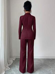 Elenzga 女士条纹不对称翻领单口袋设计收腰优雅职业西装外套及阔腿裤两件套 - 酒紅色 - 查看 2