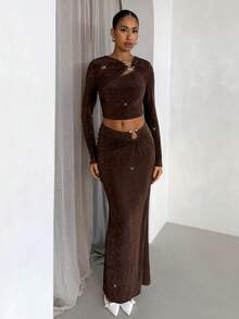 Glamine Women's Autumn Brown Glitter Seksi Chic Party Night Metallic Twist Knot Oblique Shoulder Long Sleeve Top And Rhinestone Pants 2 Piece Sets - Brown - View 3
