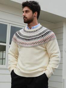 DAZY Men's Geometric Pattern Jacquard White Crew Neck Sweater, Autumn - Multicolor - View 5