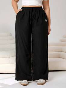 Solflare Damen Große Größen Hose mit Ritter-Muster, Bindegürtel, weites Bein, lässig - Schwarz - Übersicht 8