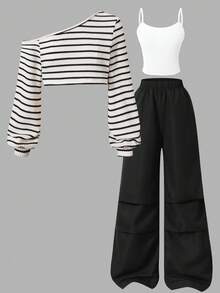 SHEIN 三件套休闲舒适针织吊带背心、吊带和阔腿裤套装，适合户外运动、休闲和日常穿着，斜肩设计，适合青少年。 - 黑與白 - 查看 3