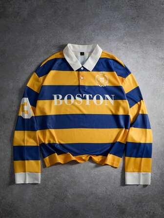 Manfinity Sporsity Men's Letter Striped Long Sleeve Casual Loose Polo Shirt Boston Shirt College Style Pattern Polo Men Striped Men Casual Shirt Rugby Shirt Rugby Long Sleeve For Men