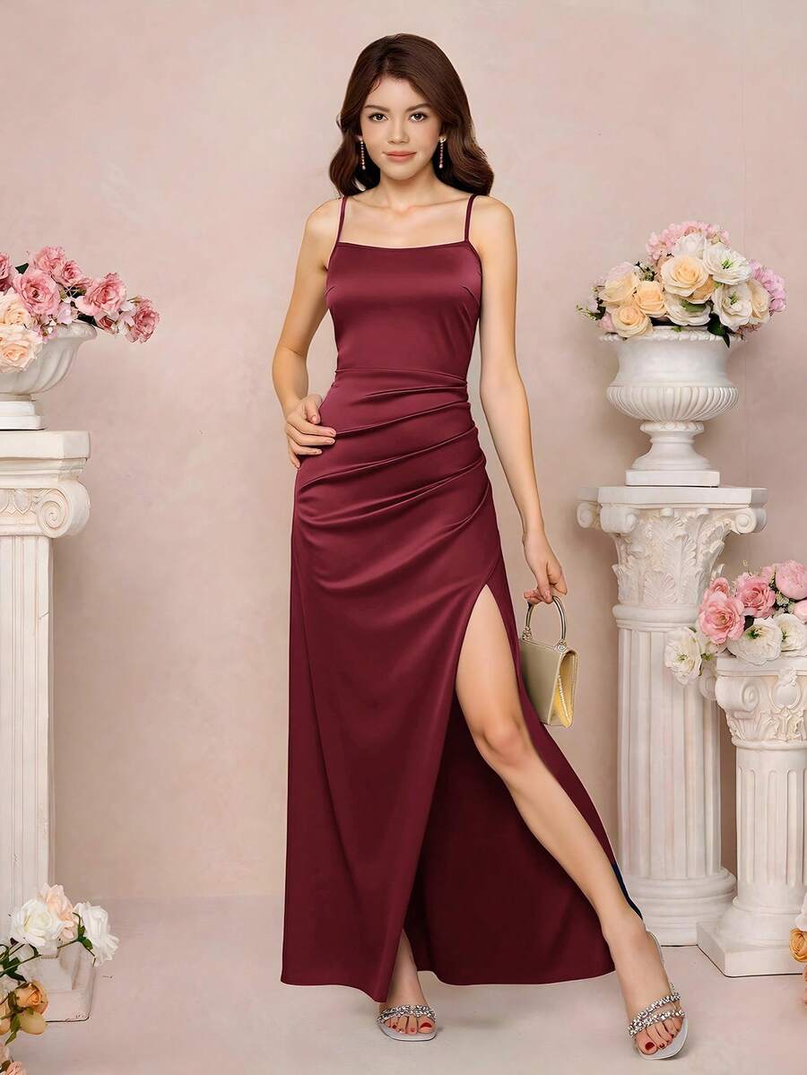 Pitira Pitira Vestido de dama de honor de satén con tirantes de espagueti, bajo plisado y abertura lateral para adolescentes y niñas, elegante vestido formal para baile de graduación, cena, Navidad, Día de San Valentín - Burdeos - Ver 1