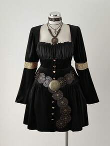 Sunspun Fashionable Square Collar Elastic Velvet Waist Dress - Black - View 4