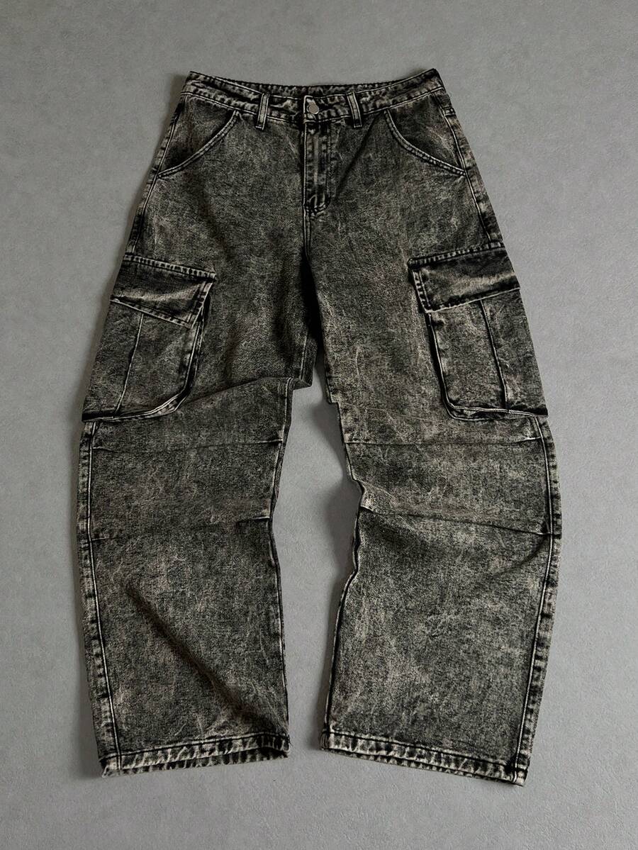 Manfinity ZONE917 Loose Fit Men's Flap Pocket & Side Panel Cargo Jeans (Without Belt) - Grey - View 1