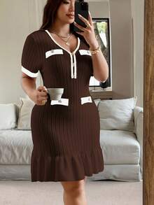 Vionelle 大码女式复古针织短袖金属纽扣腰部荷叶边下摆紧身连衣裙，优雅、时尚、百搭 - 巧克力棕 - 查看 5