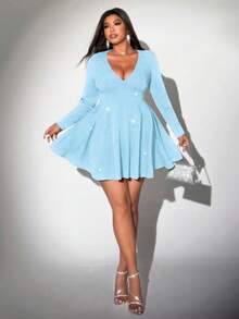 Viva Relle 大码女式优雅纯色针织高弹闪亮亮片V领派对连衣裙，适合圣诞节、万圣节等场合，时尚设计，秋冬季新款 - 淺藍色 - 查看 5