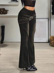 SHEIN Unity Y2K Fashion High-Waisted Heart-Shaped Belt Frayed Hem Flare Leg Washed Denim Jeans - Black - View 4