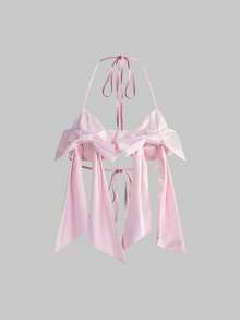 ROMWE Avant 春夏女士复古甜美性感缎面3D蝴蝶结装饰比基尼式吊带背心 - 粉色 - 查看 1