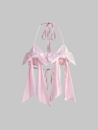 ROMWE Avant Débardeur style bikini en satin rétro doux et sexy avec décoration de nœud 3D pour femmes