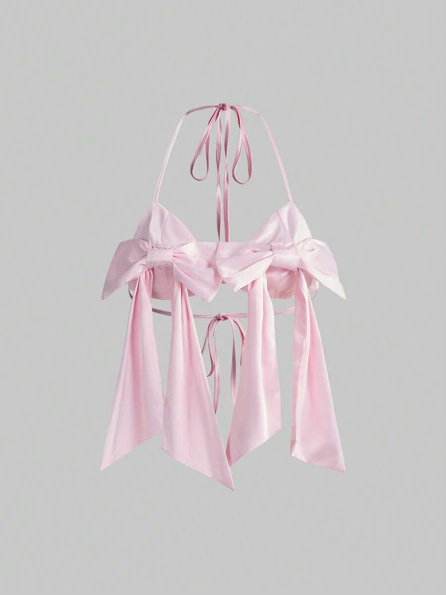 ROMWE Avant 春夏女士复古甜美性感缎面3D蝴蝶结装饰比基尼式吊带背心 - 粉色 - 查看 1