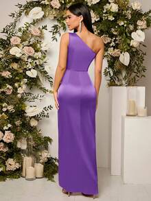 SHEIN Belle  Purple Satin One Shoulder Maxi Dress, Twist Front High Slit Formal Evening Party Dress - Purple - View 2