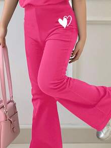 SHEIN Leap Crew 2pcs/Set Tween Girls Casual Minimalist Round Neck Short Sleeve Top And Pants Set, For Summer - Hot Pink - View 4