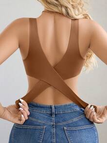 1pc Women Seamless No Padding Elegant Breathable Comfortable Crisscross Back Bandeau Bra - Chocolate Brown - View 4