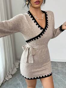 Rafferiza Váy dệt kim cổ chữ V thắt lưng cho nữ, tay dài thời trang và đa năng - Màu Khaki - Xem 4