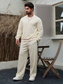 DAZY 男士纯色加厚运动套装，秋季款 - 米色 - 查看 4