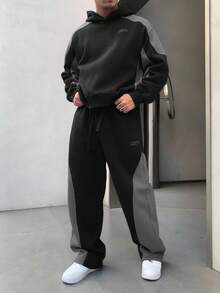 DAZY Men's Autumn Hoodie Set With Color Blocking, Letter Embroidery, Thermal Lined - Black - View 1