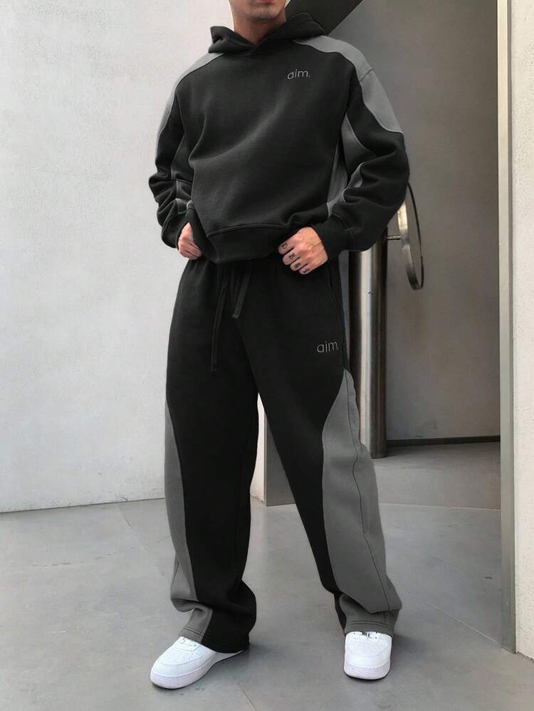 Men's Autumn Hoodie Set With Color Blocking, Letter Embroidery, Thermal Lined