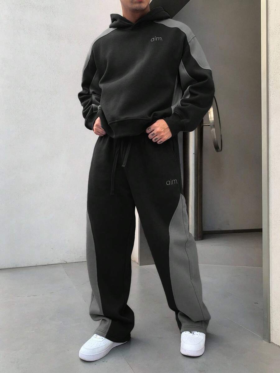 DAZY Men's Autumn Hoodie Set With Color Blocking, Letter Embroidery, Thermal Lined - Black - View 1