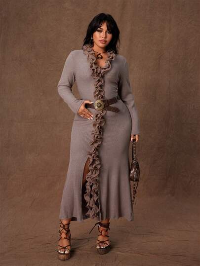 Rustia 秋季纹理罗纹荷叶边下摆开衩修身连衣裙（女款）