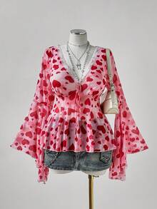 Sunspun Áo cánh cổ chữ V họa tiết trái tim cỡ lớn dành cho nữ - Nhiều màu - Xem 6