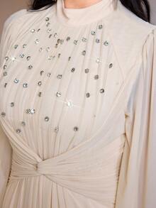 Veilorie Nuevo diseño de vestido de cóctel elegante con decoración de strass y cintura ceñida - Beis - Ver 3