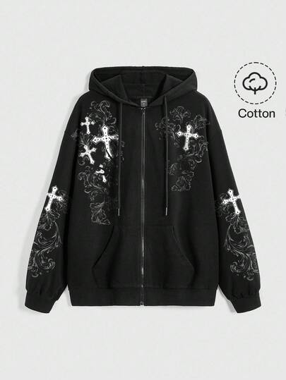 Grunge Punk Sweat-shirt à capuche zippé noir avec graphique et poche, style punk épines, pour festival de musique sombre, automne/hiver, pour femmes