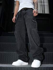 Manfinity EMRG 男士休闲水洗直筒工装牛仔裤 - 深灰色 - 查看 5