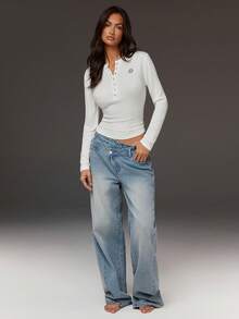 Athîral Women's Casual Commuting Daily Office Vacation Asymmetrical Wide Leg Jeans, Asymmetrical Waist Design, Blue Denim, Street Wear, Retro Wear, Outdoor Wear, Blue Pants - Light Wash - View 3