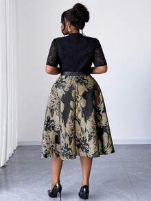Maweii Elegant Plus Size Knitted A-Line Dress With Notched Neck And Half Sleeves Knee Length Flared Multicolor Plants Pattern - Multicolor - View 3