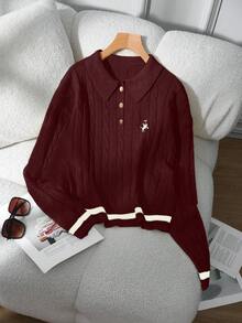 Franclia Contrast Trim Simple Long Sleeve Embroidered Horse Head Polo Collar Knit Sweater