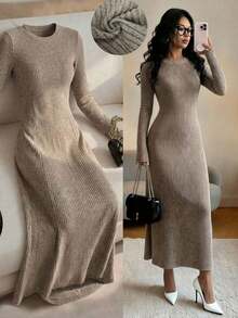 Franclia 女士条纹纹理优雅圆领中长连衣裙 - 杏色 - 查看 8