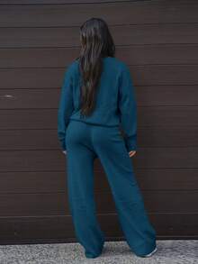 SAYEHFBABY Women's Casual Solid Color Sweater & Pants 2 Pieces Set - Blue - View 2