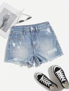 SHEIN EZwear 破洞毛邊緣牛仔短褲