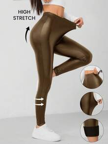 SHEIN PETITE Quần legging co giãn cao bằng da PU dành cho nữ - Cà phê nâu - Xem 7