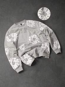 PAVTROS Men T-Shirts Flower Sweatshirt Grey Sweatshirt Embroidered Sweatshirt Flower Graphic Sweatshirt Sweatshirt Graphic - Grey - View 4